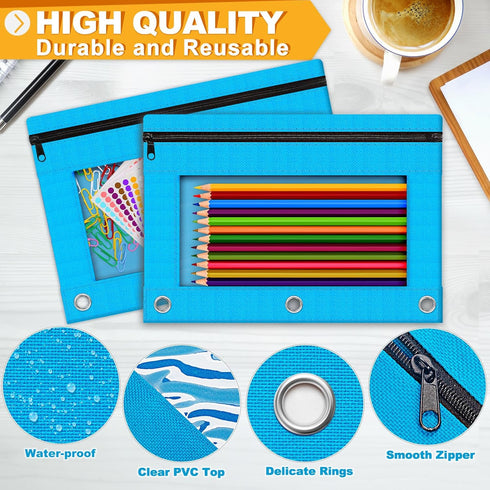 Pencil Pouch for 3 Ring Binder, 2 Pack Pencil Bags with Zipper, Sky Blue Pencil Case for Classroom School Office Supplies, Large Sturdy and Durabl...
