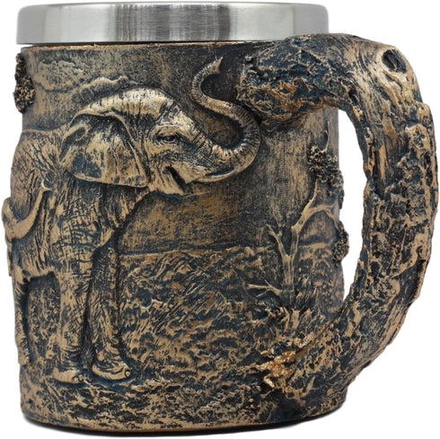 Ebros Animal Totem Spirit Safari Elephant And Calf Family Mug Textured With Rustic Textured Tree Bark Design In Painted Bronze Finish 12oz Drink B...