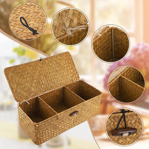 Sumnacon Small Woven Basket for Shelf Wicker Shelf Storage Basket with Sections Seagrass Storage Basket with Lid for Tampon Toiletry Rectangular S...