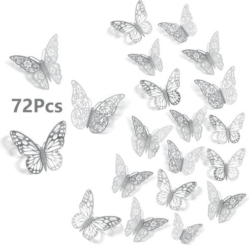 3D Butterfly Wall Stickers, 72Pcs 3 Sizes 3 Styles, Removable Metallic Wall Decals Fridge Sticker Room Mural Decoration for Kids Bedroom Nursery C...