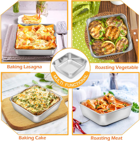 P&P CHEF Square Baking Cake Pans, Small Stainless Steel Lasagna Brownie Pan For Birthday Cake Bread Pie, Non-toxic & Durable, Smooth Rim & Leakpro...