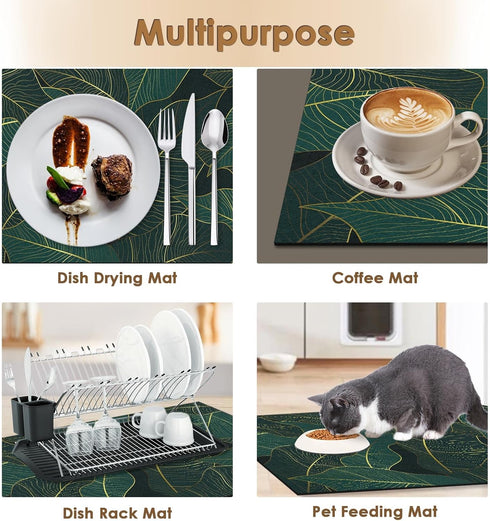 Coffee Mat for Countertop, Golden Banana Leaf Emerald Green Dish Drying Mat 2 Pcs for Kitchen Coffee Bar Accessories, Coffee Maker Espresso Machin...