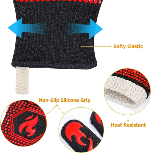 Oven Gloves Grill Gloves, 1472? Heat Proof Non-Slip Grill Oven Gloves with Fingers, Men & Women BBQ Accessories for Cooking, Barbecuing, Baking, K...