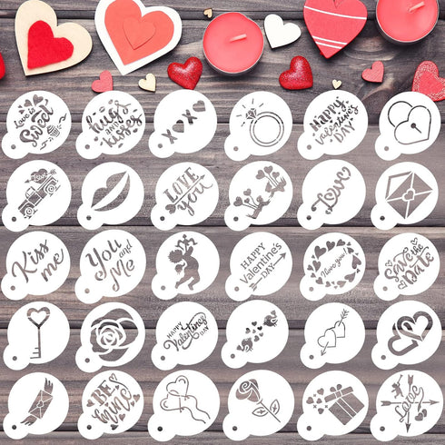 Outus 30 Pieces Valentine's Day Cake Stencils Reusable Valentine Cookie Stencils Cake Cookies Baking Painting Mould Heart Stencil Templates Coffee...