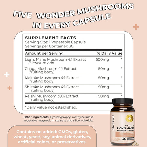 Future Kind Vegan Lion's Mane Mushroom Complex Brain Supplement - (30ct) Lions Mane Supplement Capsules with Chaga, Maitake, Shiitake and Reishi -...