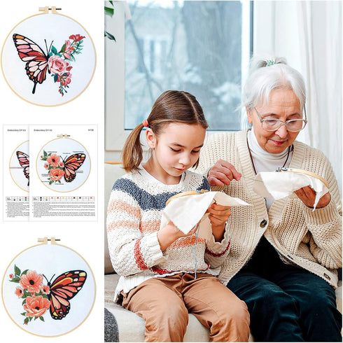 Yinder 5 Sets Embroidery Beginners Kit with Butterfly Flower Patterns and Instructions Cross Stitch Kits for Starter DIY Adult Kids Butterfly Patt...