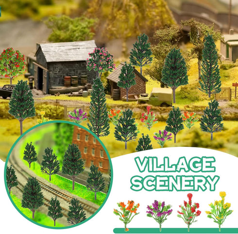 55 Pcs Miniature Colorful Flower Cluster Mini Model Trees Artificial Grass Mat Squares Set 36 Flower Tufts 15 Mixed Train Diorama Trees 4 Garden C...