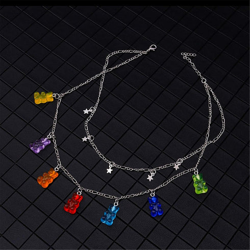 N/Q Layered Punk Gothic Resin Gummy Cartoon Bear Link Chain Pendant Necklace Colorful Rock Hip Hop Transparent Animal Choker Necklace for Women Pa...