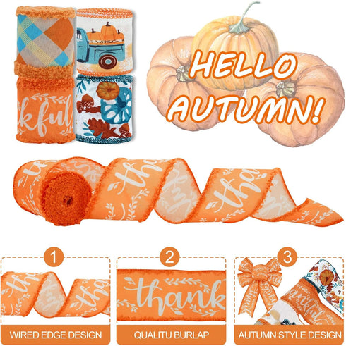 Fall Wired Edge Ribbon 24 Yards Autumn Pumpkin Truck Ribbon Orange Blue Plaids Thankful Fabric Craft Ribbon for Thanksgiving Wreath Bow Making DIY...