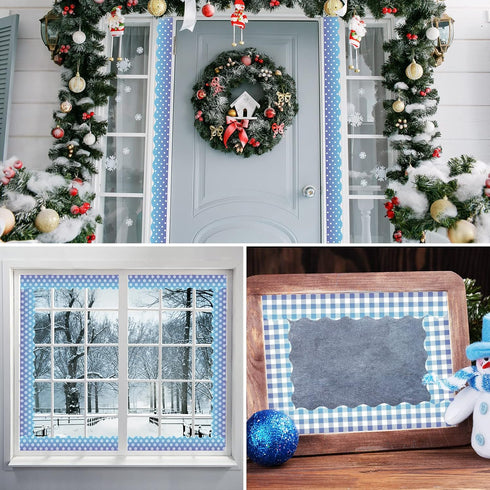 69Ft Christmas Bulletin Board Borders 5 Design 60Pcs Winter Snowflake Trim Borders Blue Plaid Stripe Dot Bulletin Board Stickers for School Classr...
