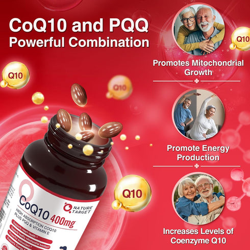 NATURE TARGET CoQ10-400mg Plus PQQ with Vitamin E & Organic Olive Oil - Coenzyme-Q10 with BioPerine - High Absorption Antioxidant-for-Heart-Health...