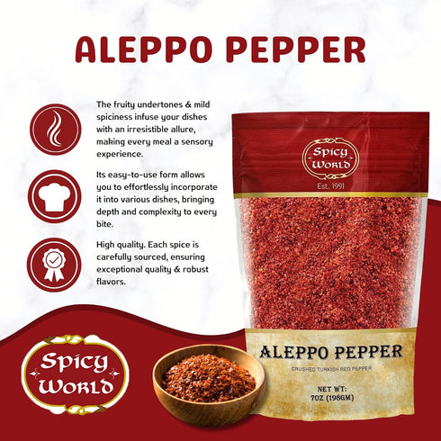 Spicy World Aleppo Pepper Flakes 7 oz | Authentic Turkish Chili Spice for Exquisite Heat & Flavor | Premium Crushed Chili Pepper from Halaby Regio...