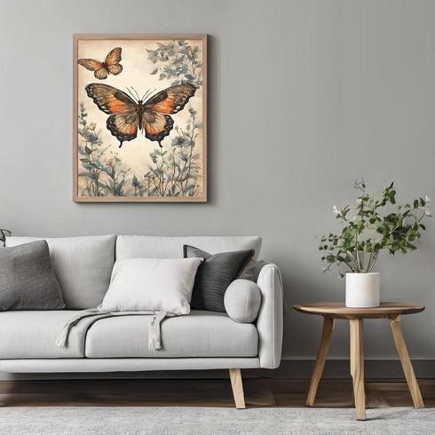 Posterizer 1 pcs- Two orange butterflies with blue wild flowers-Art for Animal Lovers-Floral Botanical Art- Gift for Men Women Teens-Decor for Ho...