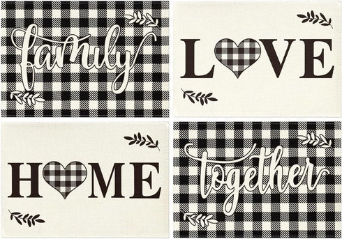 Artoid Mode Love Family Together Home Buffalo Plaid Placemats for Dining Table, 12 x 18 Inch Holiday Vintage Thanksgiving Washable Table Mat Set o...
