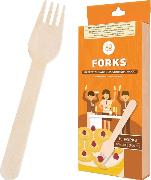 EQUO Wooden Disposable Forks (Pack of 15) - Plastic-free, Home-compostable, Heat-safe Utensils for Parties, Events, Camping & More...