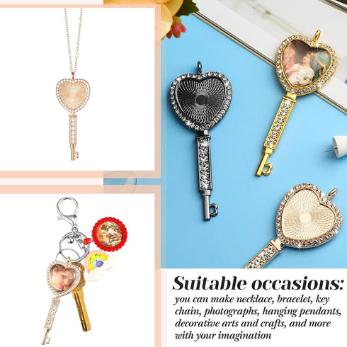 24 Pieces Rhinestone Bezel Pendant Trays Set, Includes 8 Pieces Heart Shape Key Rhinestone Bezel Cabochon Trays, 8 Pieces Clear Glass Cabochons, 8...