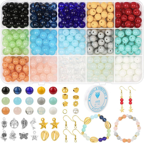 8mm Glass Beads for Jewelry Making, 15 Colors Crystal Round Gemstone Stone Beads, 375 Pcs DIY Craft Bead Bracelet Making Kit with 12 Styles Access...