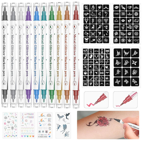 Temporary Tattoo Markers for Skin, 10 Pens Make Bold and Fine Lines,95 Tattoo Stencil Papers, 103 Tattoos Stickers, for Kids and Adults...