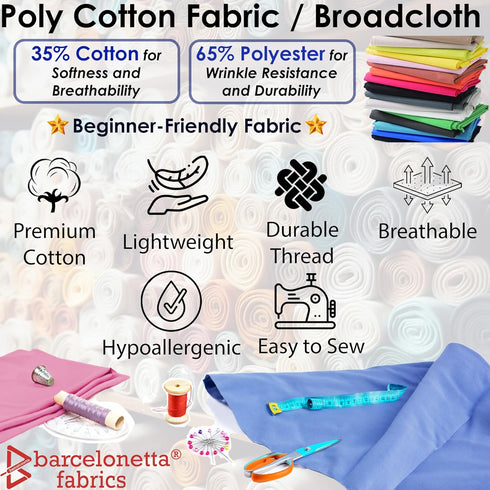 | Poly Cotton Fabric for Sewing | Broadcloth Fabric | by The Yard | 60" Wide Roll | Lightweight, Breathable | Lining, Home Textile, Skirts, Tote B...