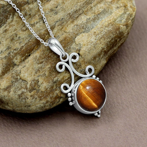 TISHAVI 5.45Cts Natural Round Shaped Semi Precious Gemstone Pendant Necklace For Women With 18Inch Chain, Sterling Silver Birthstone Pendant Neckl...