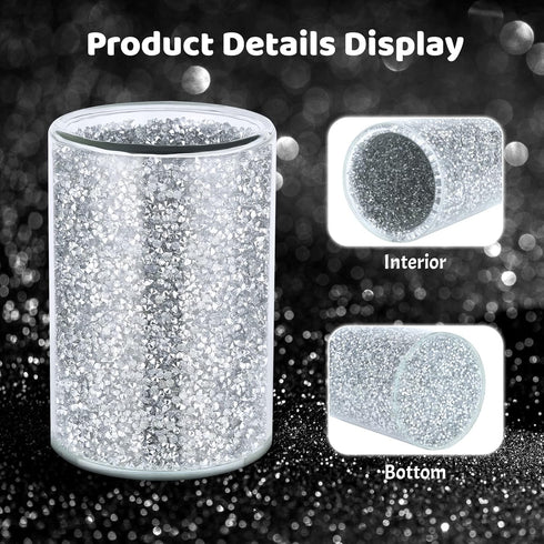 Crushed Diamond Glass Kitchen Utensil Holder Round for Countertop Flatware Utensil Organizer Home Decor Sparkly Gift (Silver)...