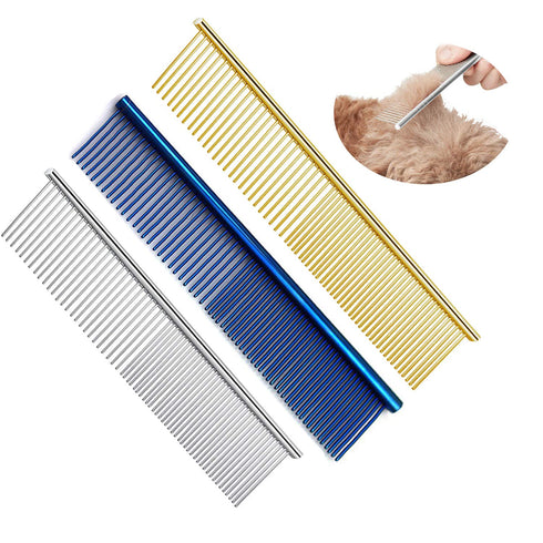 3 Pcs Dog Comb Pet Cat Grooming Combs for Matted Shedding or Knotted Hair, Stainless Steel, Medium Coarse, TuNan Metal Anti Knot Hair Combs for Sm...
