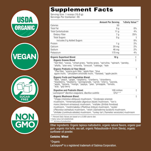 COUNTRY FARMS Organic Super Greens Chocolate Flavor, 50 Organic Super Foods, USDA Organic Drink Mix, Packed with Fiber, Fruits, Vegetables, Mushro...