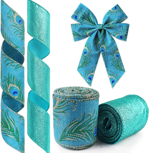 2 Rolls Peacock Ribbon for Wreath Bows Wrapping Gifts, Glitter Blue Green Peacock Ribbon for Gift Wrapping Party Supplies Decoration DIY 2.5" X 10...