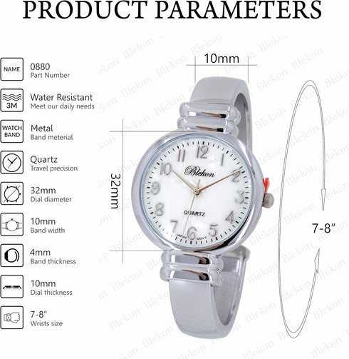 Blekon original mother of pearl cuff bracelet watch for women with 31mm case Japanese quartz movement metal hinged bangle style cuff wrist watch f...