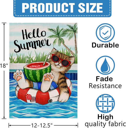 Hello Summer Cat Watermelon Beach Coastal Decorative Garden Flag, Ocean Nautical Yard Outside Decoration Outdoor Small Decor 12x18...