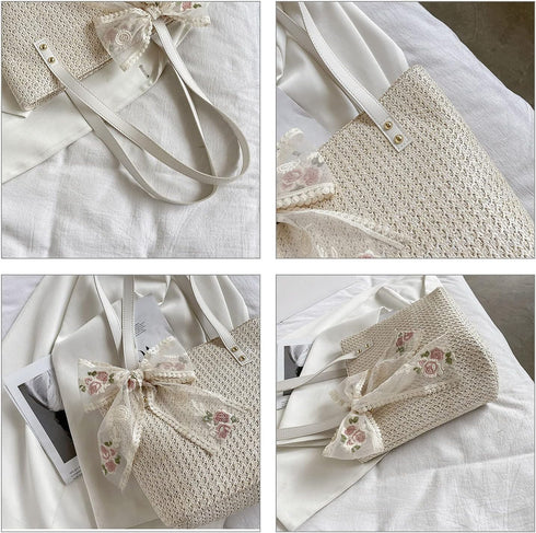 Women Large Straw Beach Tote Bag Summer Hand-woven Bags Shoulder Bag Leather Handle Beach Handbags with Cute Lace Bow Small (White)...