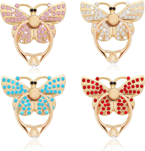 Cell Phone Ring Holder Stands, 4 Pcs Butterfly Phone Ring Holders with Rhinestones Glitter Butterfly Finger Kickstand Metal Hand Grip with Knob Lo...