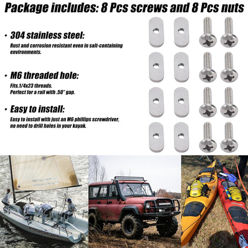8 Pcs 304 SS Kayak Rail/Track Screws 304 Stainless Steel Track Nuts Track Mount Tie Down Eyelet Rail Hardware Gear Mounting Replacement Kit for Ka...