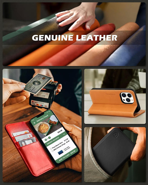 SHIELDON Case for iPhone 12 Pro Max 5G, Genuine Leather Wallet Case Magnetic RFID Blocking Card Holder Kickstand Shockproof Cover Compatible with ...