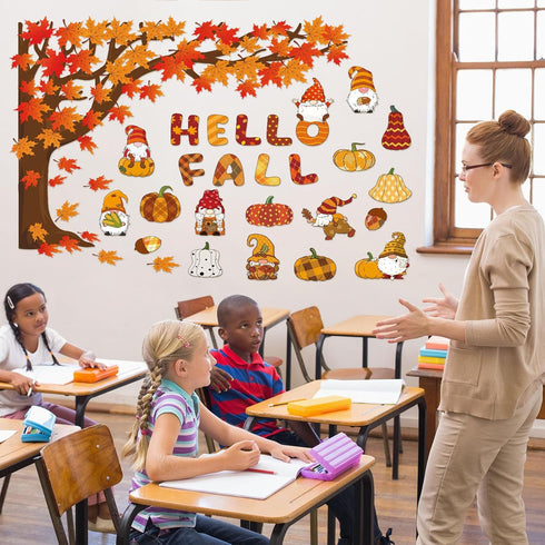 114 Pcs Fall Bulletin Board Decorations Set Thanksgiving Autumn Cutouts Classroom Tree Decor Happy Fall Pumpkin Gnome Paper Cutting with 200 Glue ...