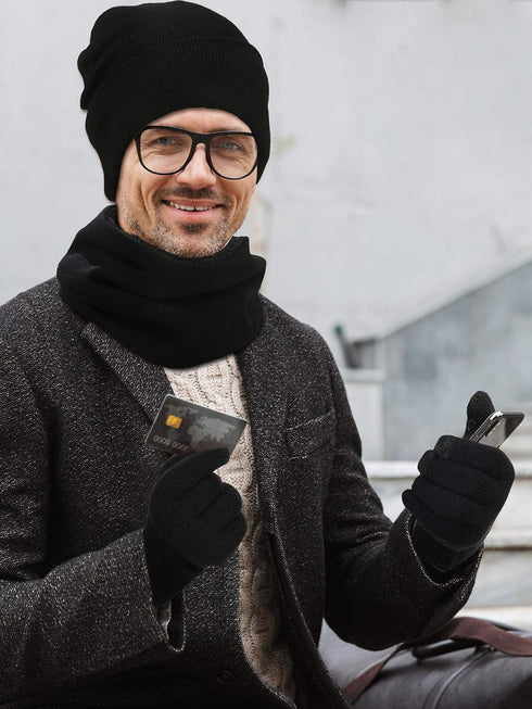 Men Beanie Winter Hat Scarf Touchscreen Gloves Set Winter Warm Skull Caps for Women Men (Black)...