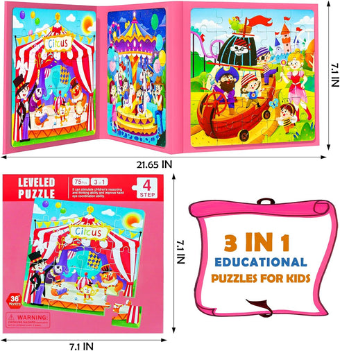 Magnetic Puzzles for Kids Ages 3-5, Toddler 3 in 1 Circus Jigsaw Puzzle Book, Kids Travel Puzzles Toys, Montessori Preschool Learning Toy for 1-5 ...