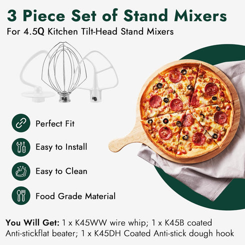 3 Pieces Stand Mixers Repair Set for Kitchen Tilt-Head Stand Mixers K45DH Dough Hook K45B Coated Flat Blade Paddle K45WW Wire Whip Compatible with...