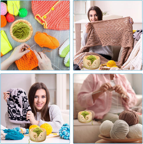 PATIKIL Wooden Yarn Bowl with Holes Holder, Handmade Craft Knitting Bowl Storage Knitting and Yarn Holder Crocheting for Knitting Lovers, 6", Ligh...