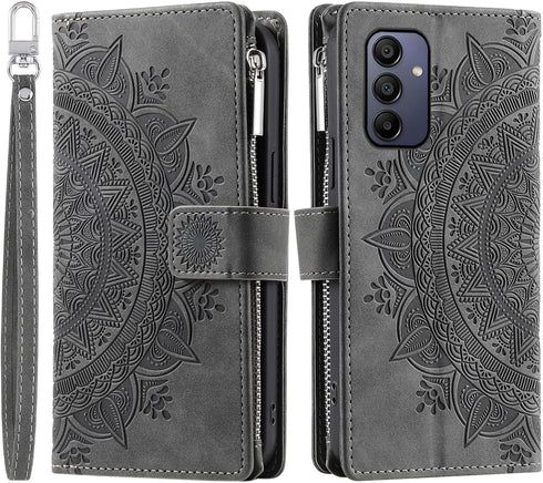 Asuwish Phone Case for Samsung Galaxy A15 5G Wallet Cover with Tempered Glass Screen Protector and Wrist Strap Mandala Flower Flip Zipper Credit C...