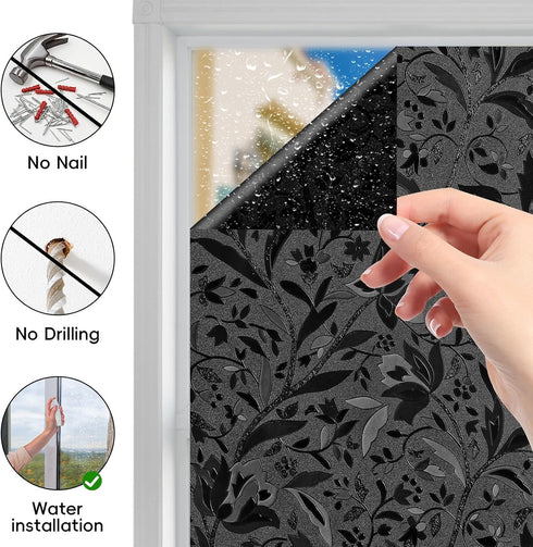Blackout Window Privacy Film Decorative with Tulip Design, Removable Window Tint for Home, Black Out Window Cover, 17.5" by 78.74"...