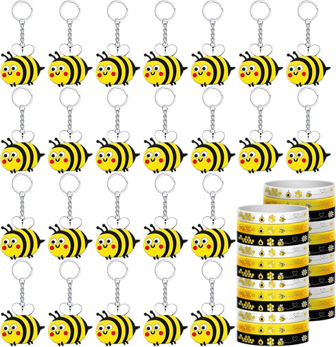 48 Pieces Cute Bee Keychain Bee Rubber Bracelets Bee Birthday Party Favors Honey Bee Silicone Wristband Bee Party Decorations for Birthday Supplie...