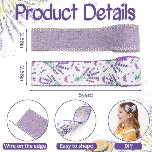 2 Rolls 10 Yards Floral Wired Edge Ribbon, 2.5inch Purple Lavender Butterfly Burlap Ribbon, Purple White Dot Gift Wrapping Ribbon for Farmhouse Pa...