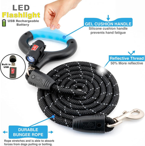 WIGZI Luna Dog Leash with Rechargeable LED Light No Batteries, Detachable Light, Liquid Filled Gel Comfort Handle, Reflective Heavy-Duty Rope, 6 F...