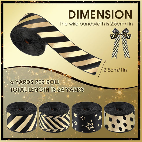 Shappy 4 Rolls 1 Inch Graduation Ribbon Striped Wrapping Bronzing Grosgrain Fabric Ribbons Black and Gold Ribbon DIY Craft for School Graduation G...
