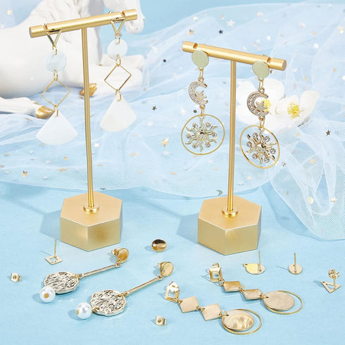 Beebeecraft 1 Box 80Pcs 4 Style 24K Gold Plated Stud Earring Findings Stainless Steel Triangle Oval Rhombus Flat Round Stud Earring Posts with Loo...