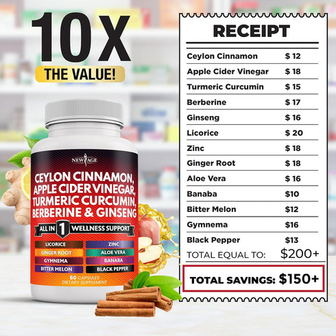 Ceylon Cinnamon 3000mg Turmeric 3000mg Apple Cider Vinegar 3000mg Ginseng 2000mg Aloe Vera 2000mg Berberine 1200mg Plus Banaba, Ginger Root - 120 ...