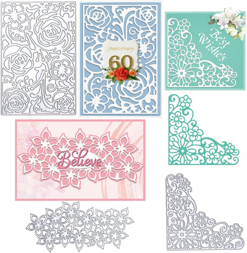3 Pcs Flower Background Metal Cutting Dies Including Flower Strip, Rose Frame and Flower Corner Die Cuts Embossing Stencils Template for DIY Scrap...