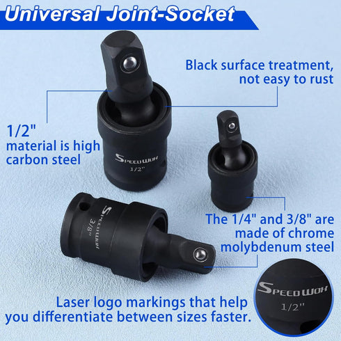 SPEEDWOX 3Pcs Universal Joint-Socket Set Impact Swivel Socket Set Impact Universal Joint Set Socket Sets 1/4 3/8 1/2 Swivel Impact Socket Set Sock...