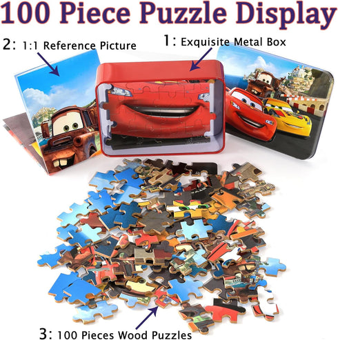 LELEMON Cars 100 Pieces Jigsaw Puzzles for Kids Ages 4-8 Lightning Puzzles in Metal Box, Children Learning Educational Puzzles for Boys and Girls...